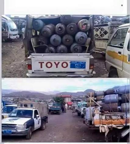 بالصورة .. الحوثيون يستخدمون سيارات الشرطة لبيع الغاز بالسوق السوداء 